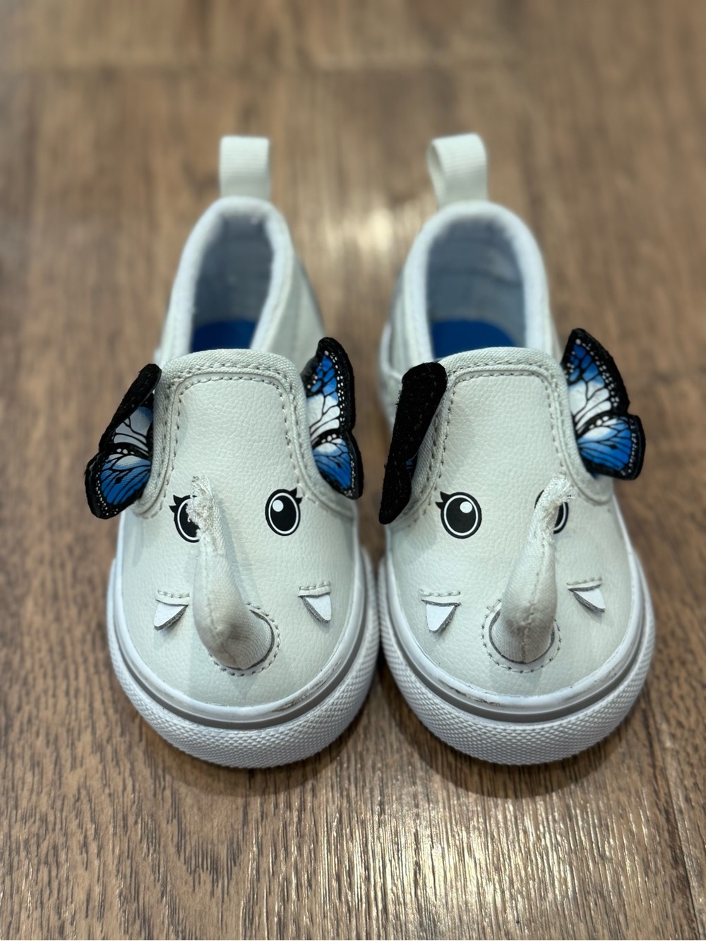 Vans White Elephant Slip-On Sneakers with Blue Butterfly Ears Sz 4.5